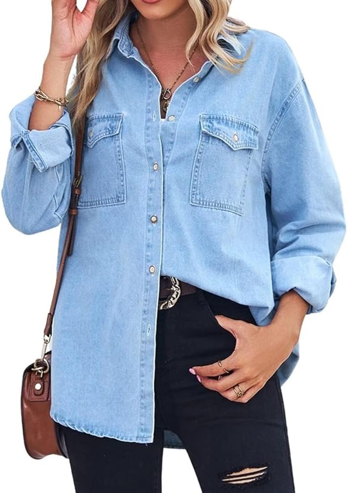 Women's Spring Long Sleeve Denim Jean Shirts Button Down Shirt Business Casual Tops