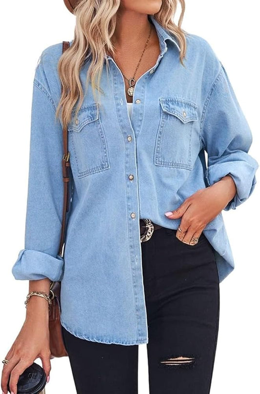Women's Spring Long Sleeve Denim Jean Shirts Button Down Shirt Business Casual Tops