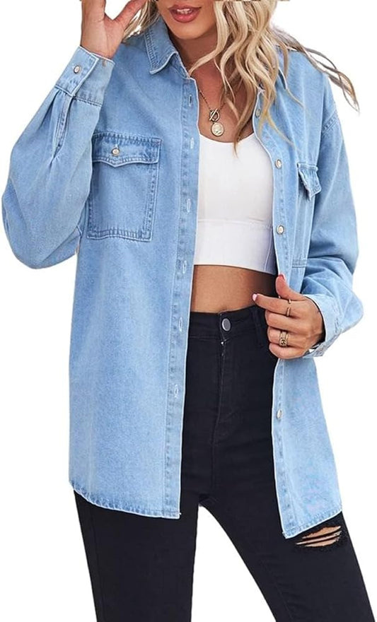 Women's Spring Long Sleeve Denim Jean Shirts Button Down Shirt Business Casual Tops